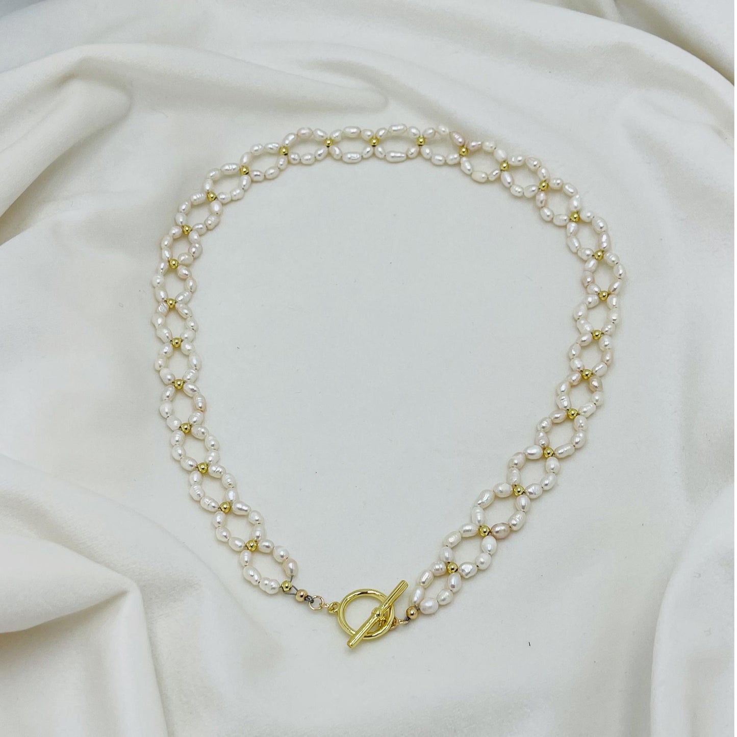 Freshwater Pearl Necklace-Gold Necklace-Choker Style Necklace-Front Toggle Closure-Carabella By Cheryl
