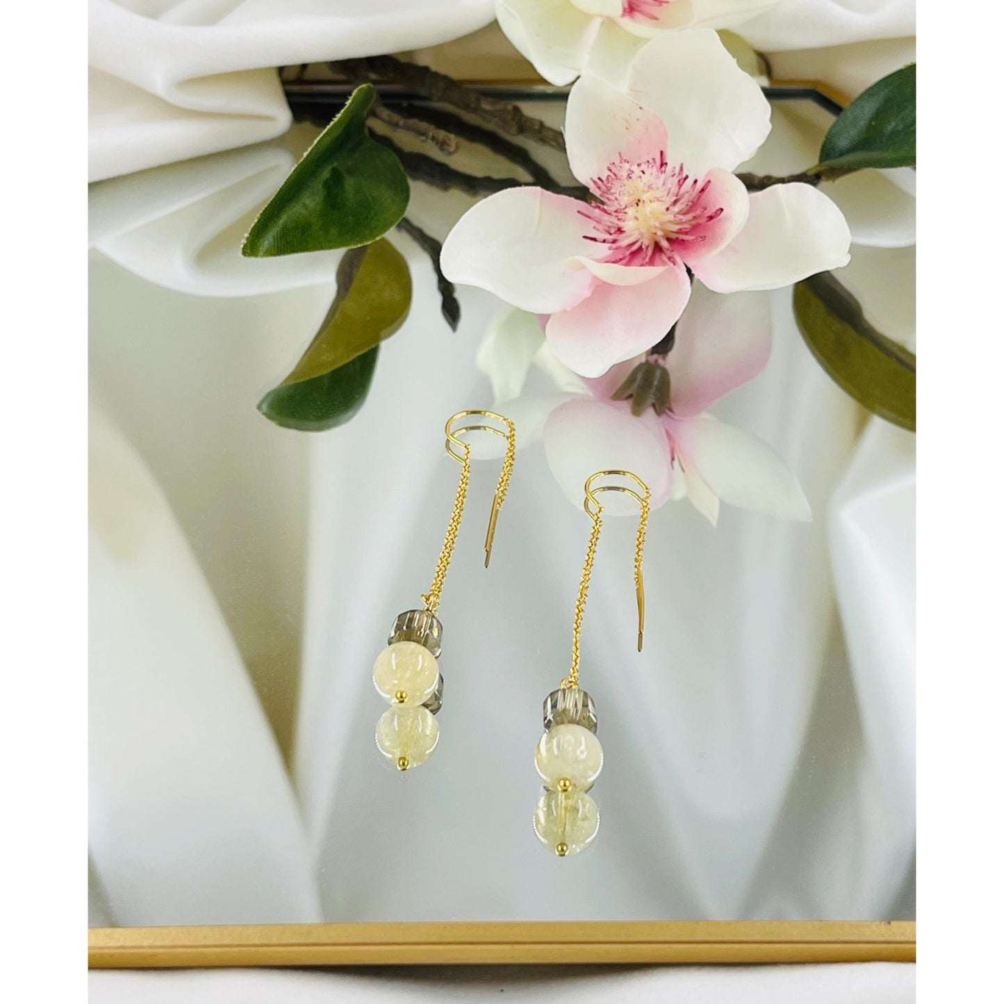 Maile Earrings-Threader Earrings-Smoky Quartz Gemstone-Citrine Gemstone-Gold Earrings-Carabella By Cheryl