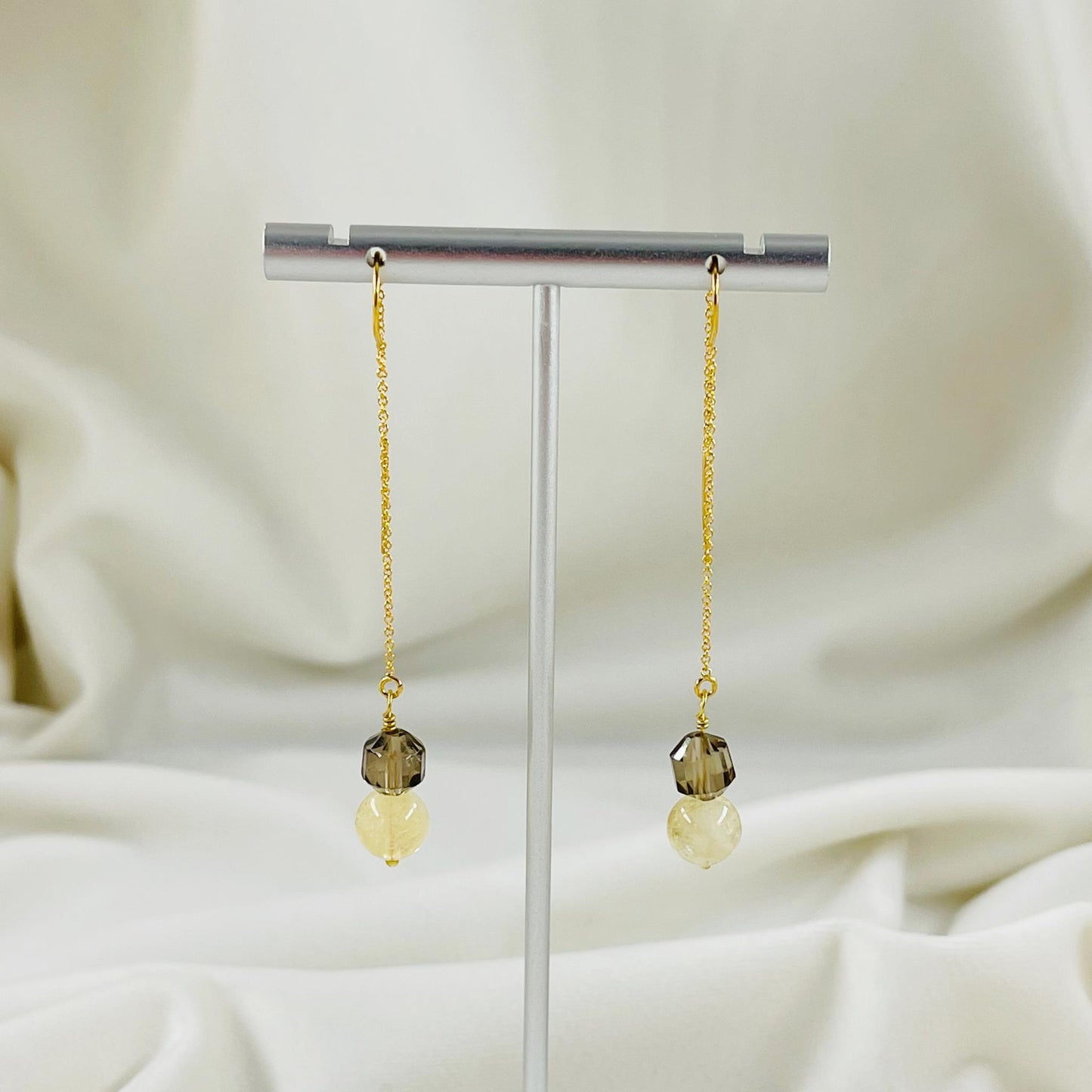 Maile Earrings-Threader Earrings-Smoky Quartz Gemstone-Citrine Gemstone-Gold Earrings-Carabella By Cheryl