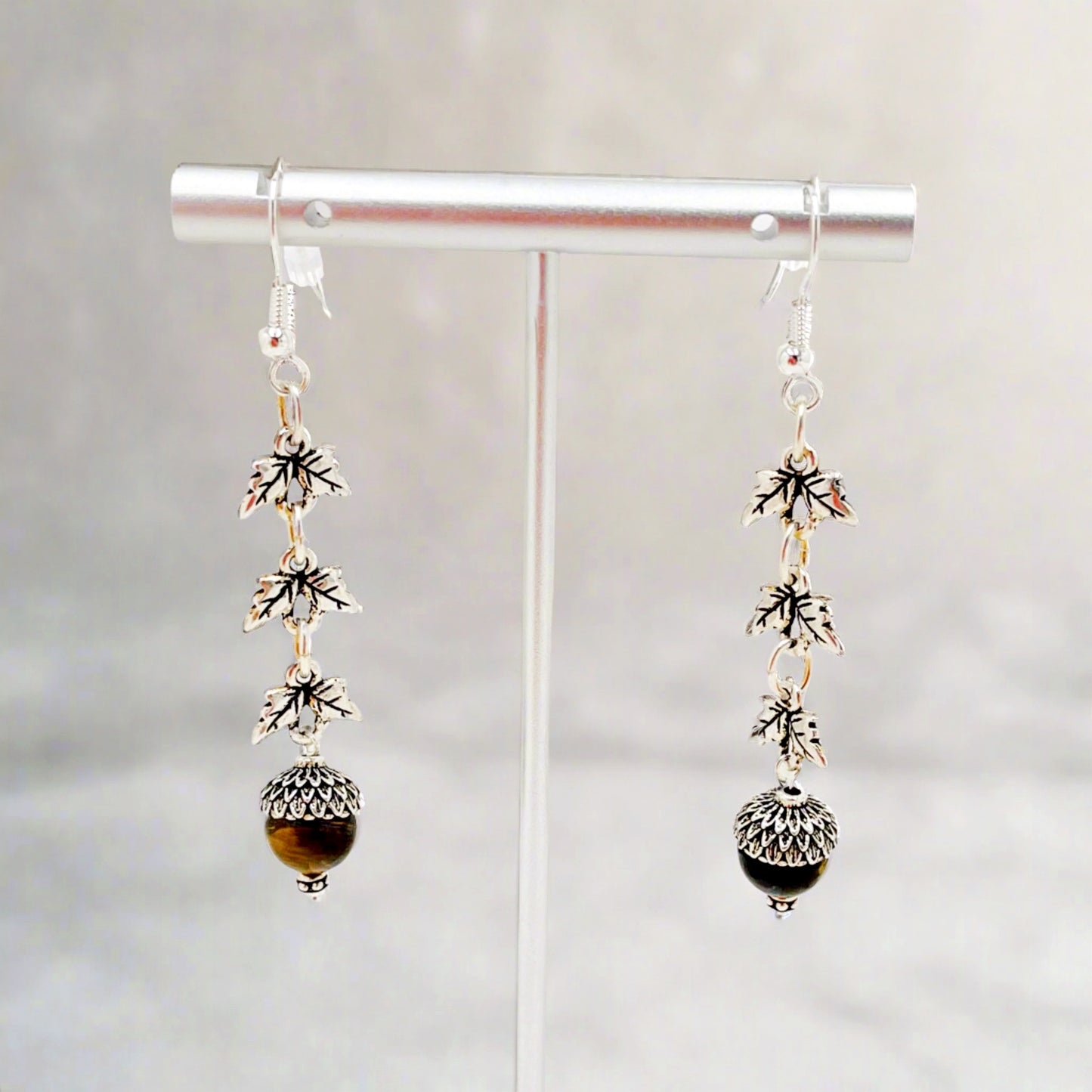 Tiger Eye Silver Earrings on stand