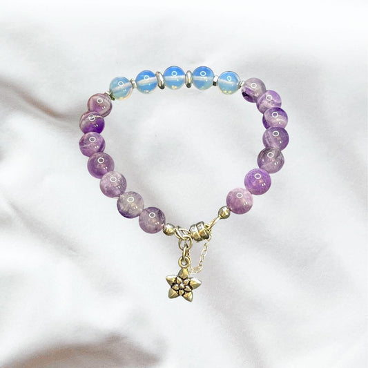 Chevron Amethyst and Opalite Gemstone Bracelet; accented with sterling silver spacer beads and flower charm.