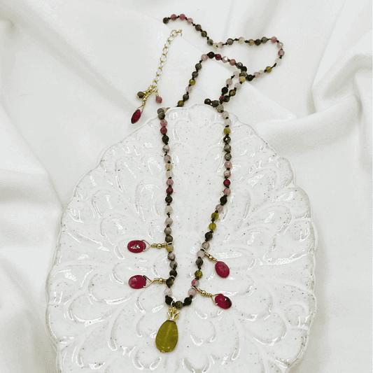 Rainbow Tourmaline-Ruby Drops-Carved Jade Leaf-14K Gold Necklace-Individual Hand Knotted Stones-Carabella By Cheryl