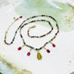 Rainbow Tourmaline-Ruby Drops-Carved Jade Leaf-14K Gold Necklace-Individual Hand Knotted Stones-Carabella By Cheryl