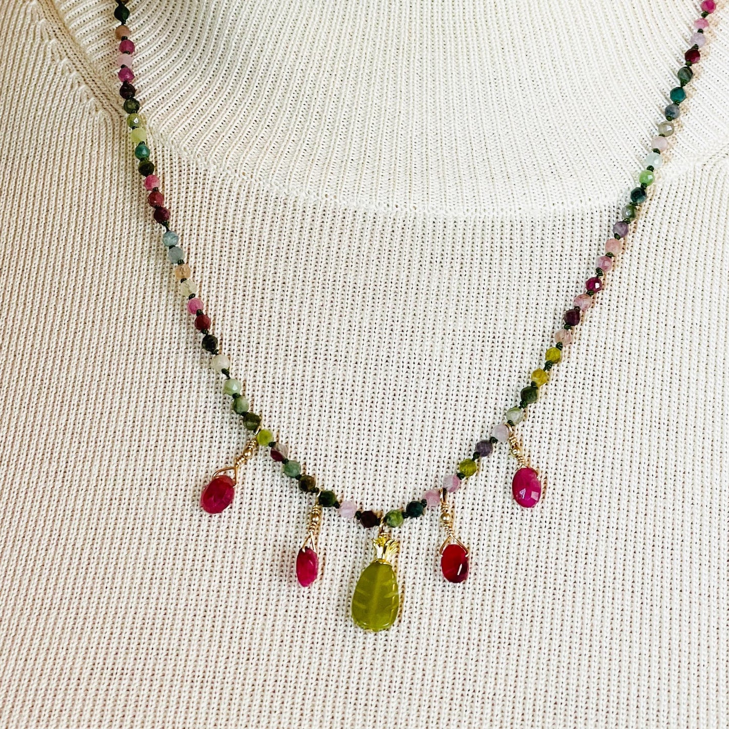 Rainbow Tourmaline-Ruby Drops-Carved Jade Leaf-14K Gold Necklace-Individual Hand Knotted Stones-Carabella By Cheryl