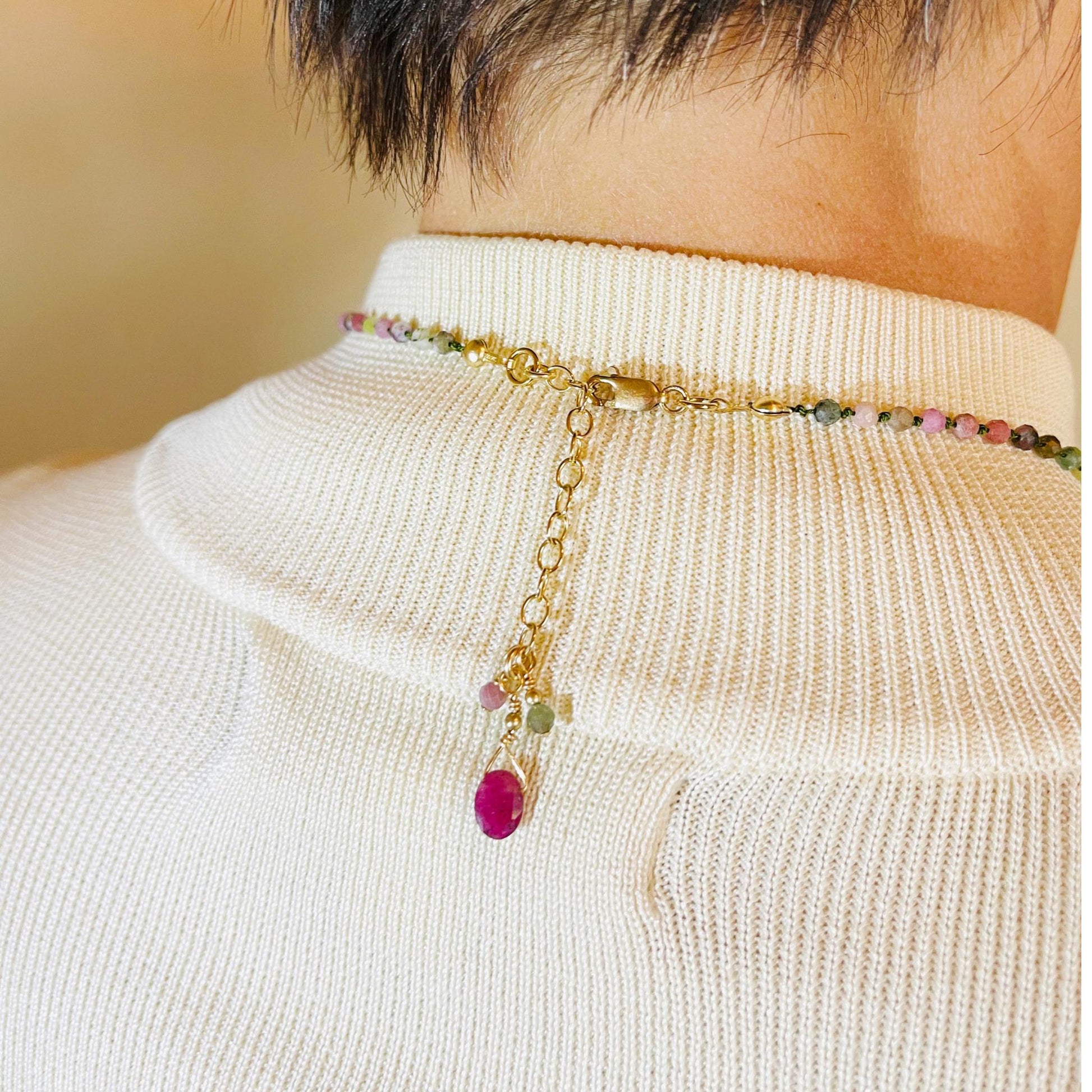 Rainbow Tourmaline-Ruby Drops-Carved Jade Leaf-14K Gold Necklace-Individual Hand Knotted Stones-Carabella By Cheryl