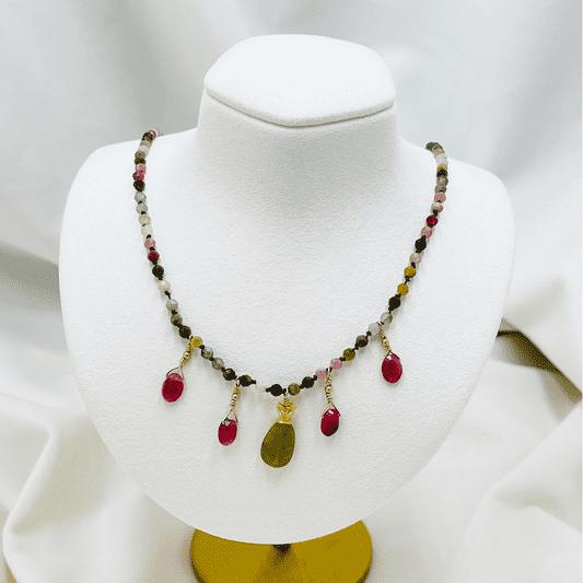 Rainbow Tourmaline-Ruby Drops-Carved Jade Leaf-14K Gold Necklace-Individual Hand Knotted Stones-Carabella By Cheryl