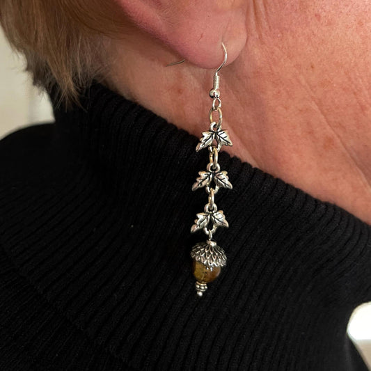 Tiger Eye and Silver leaf earrings with acorn bead cap