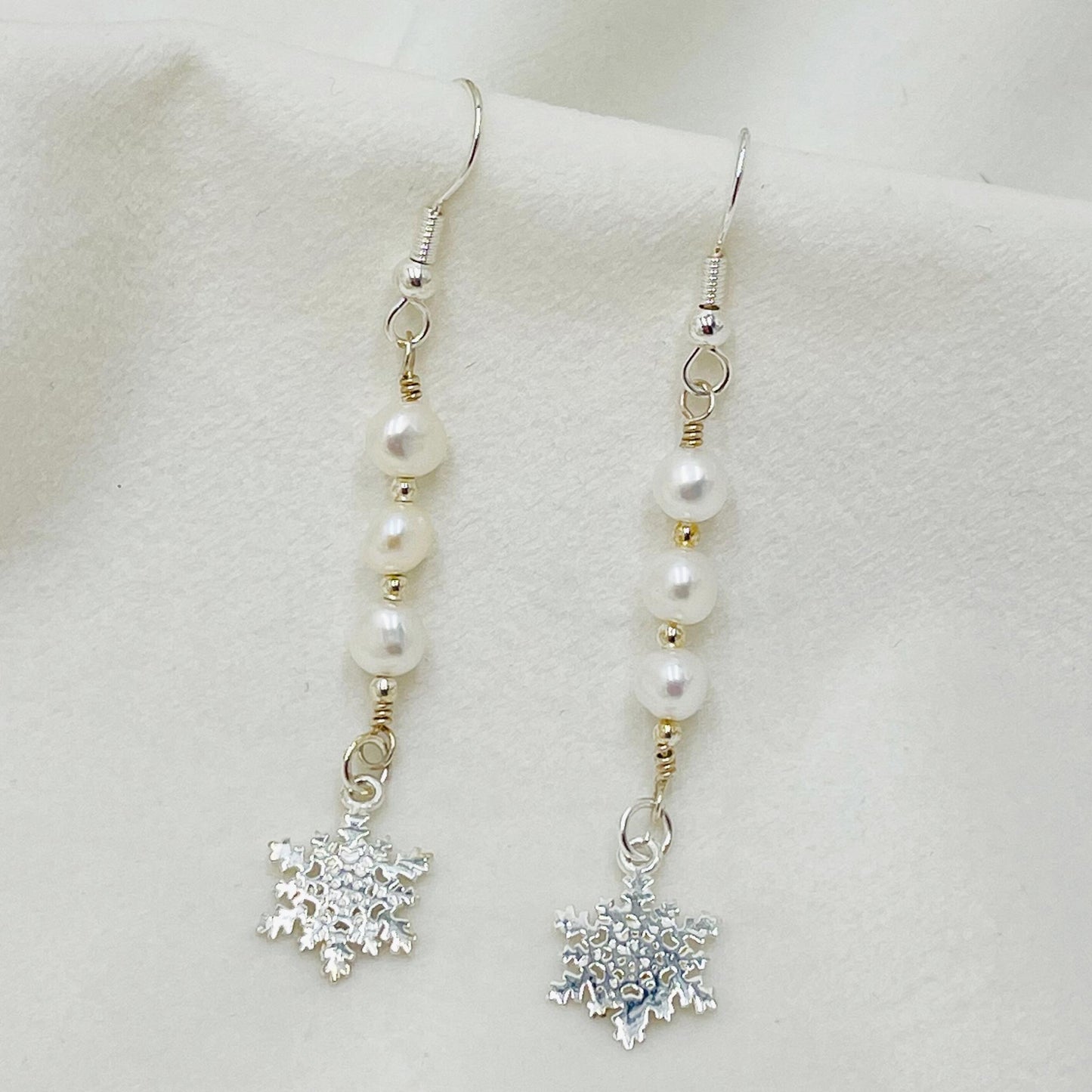 Snowflake Sterling Earrings-Sterling Silver Drop Earrings-Freshwater Pearl Earrings-Carabella By Cheryl