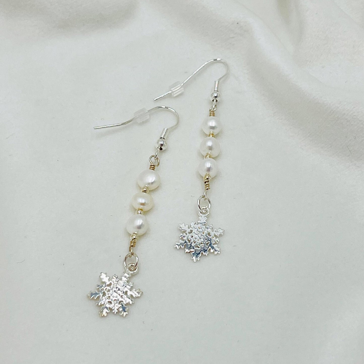 Snowflake Sterling Earrings-Sterling Silver Drop Earrings-Freshwater Pearl Earrings-Carabella By Cheryl