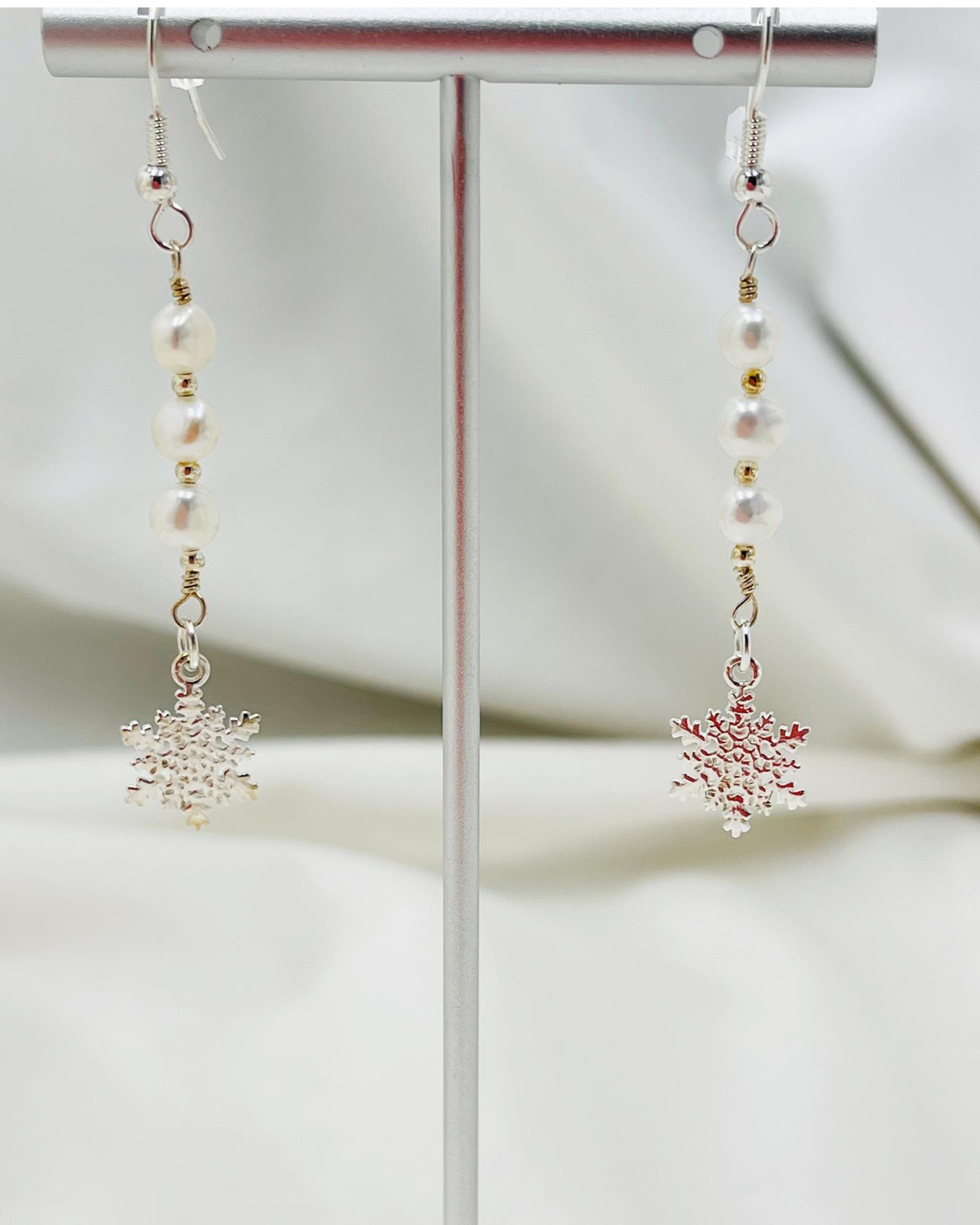 Snowflake Sterling Earrings-Sterling Silver Drop Earrings-Freshwater Pearl Earrings-Carabella By Cheryl